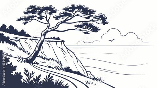 Vector art of a picturesque tree on a cliff overlooking the sea, with a scenic coastal view and cloudy sky