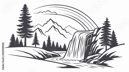 Vector art of a serene waterfall cascading down rocky cliffs amidst lush trees and mountains, a picturesque nature scene