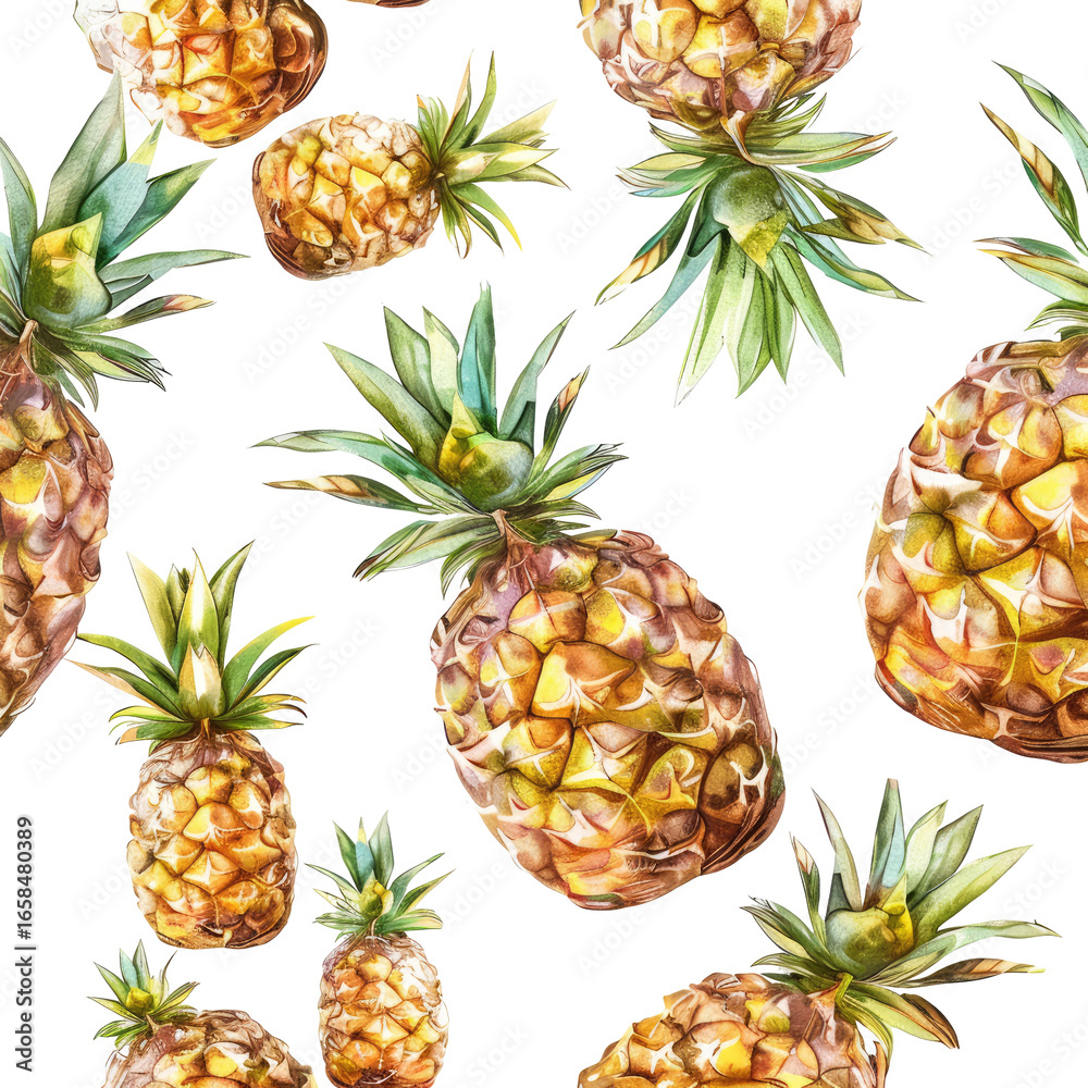 Fototapeta premium Watercolor Pineapples Pattern Tropical Fruit Design for Fabric