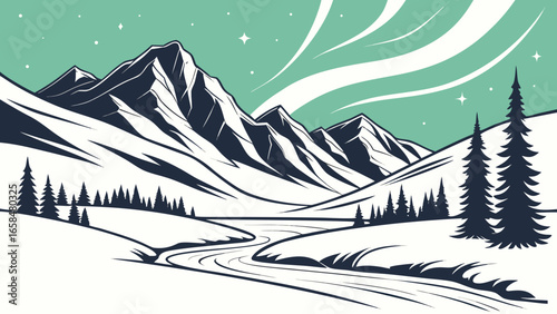 Vector art of breathtaking mountain scenery with snowcapped mountains, a winding river, and the mesmerizing aurora borealis illuminating the sky