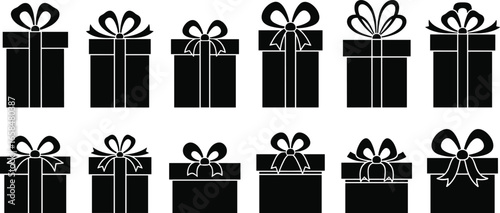 Gift box silhouette vector set, present icon collection, holiday packaging design, black wrapped boxes with ribbon bow illustrations