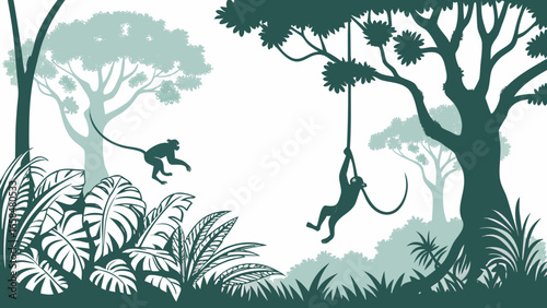 Vector art of monkey swinging from a tree in the jungle, vector illustration of a tropical forest landscape
