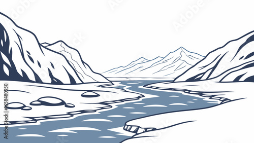 Vector art of monochrome illustration of a mountain landscape with a river flowing through a valley