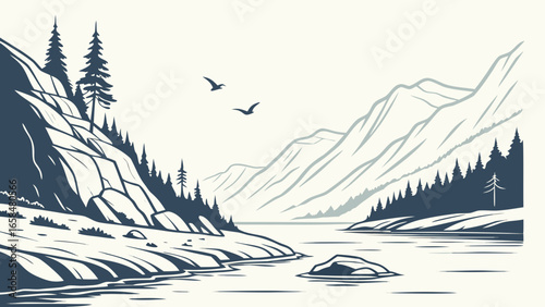 Vector art of monochrome illustration of a serene mountain landscape with a winding river, lush trees, and birds flying in the sky