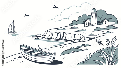 Vector art of monochrome illustration of a picturesque beach with a lighthouse and boats, capturing the essence of coastal charm and maritime heritage