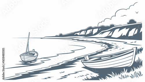 Vector art of monochrome illustration of a serene beach with boats, showcasing the beauty of the coastline and the tranquility of the sea