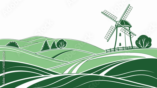 Vector art of scenic green landscape with a windmill, rolling hills, and trees, creating a peaceful and idyllic countryside scene