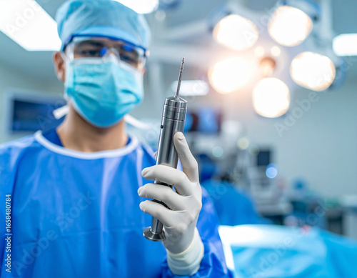 Surgeon Holding Surgical Drill in Operating Room, Wearing Mask and Gloves