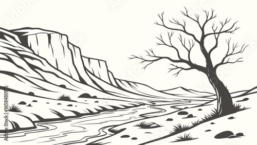 Vector art of striking desert landscape with mountains, a river, and a solitary tree, showcasing the beauty of nature