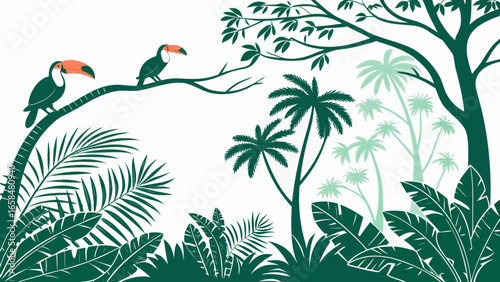 Vector art of two toucans perched on a branch in a lush tropical jungle, vector illustration for decoration and design