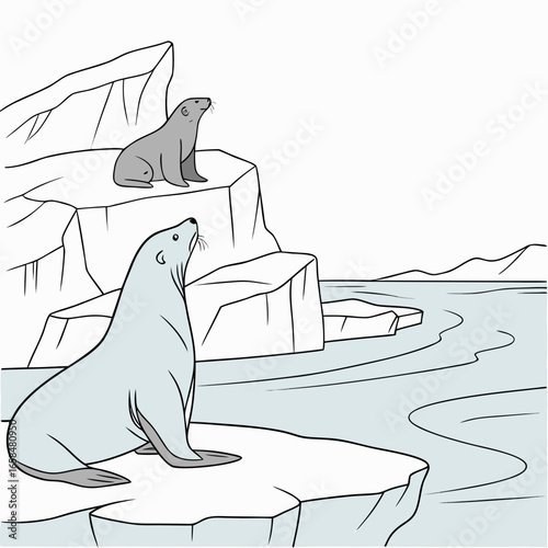 Vector art of two seals sit on ice floes in the arctic sea, looking up