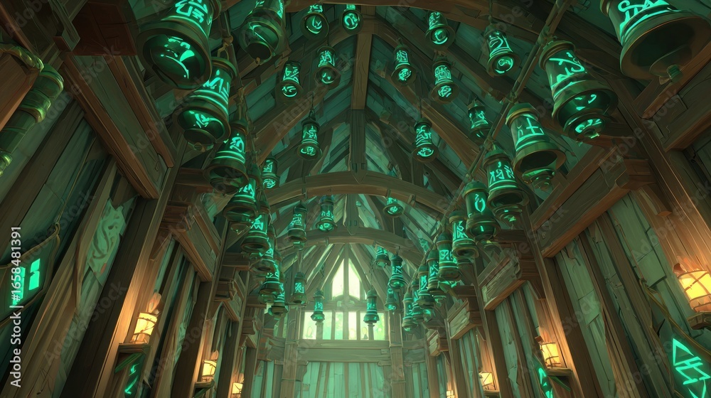 Obraz premium Wooden hall, teal bells, high ceiling