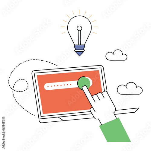 Hand activating a toggle switch on a laptop, idea concept.