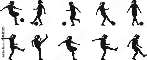 Silhouette of female soccer player kicking football in multiple action poses, girl athlete training, vector sport illustration black design