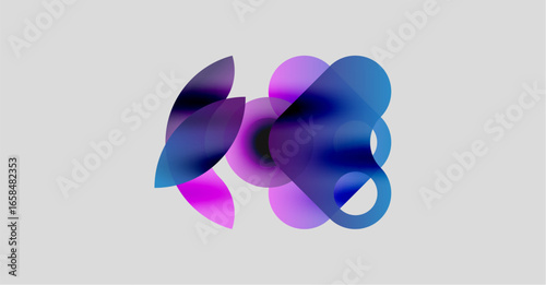 Abstract shapes overlap, creating vibrant purple, blue hues. Soft gradients suggest fluidity, depth. Minimalist design, light background.
