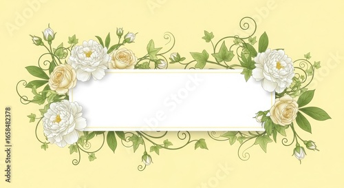 Elegant vintage floral frame with blank space for text featuring soft white and peach roses and greenery