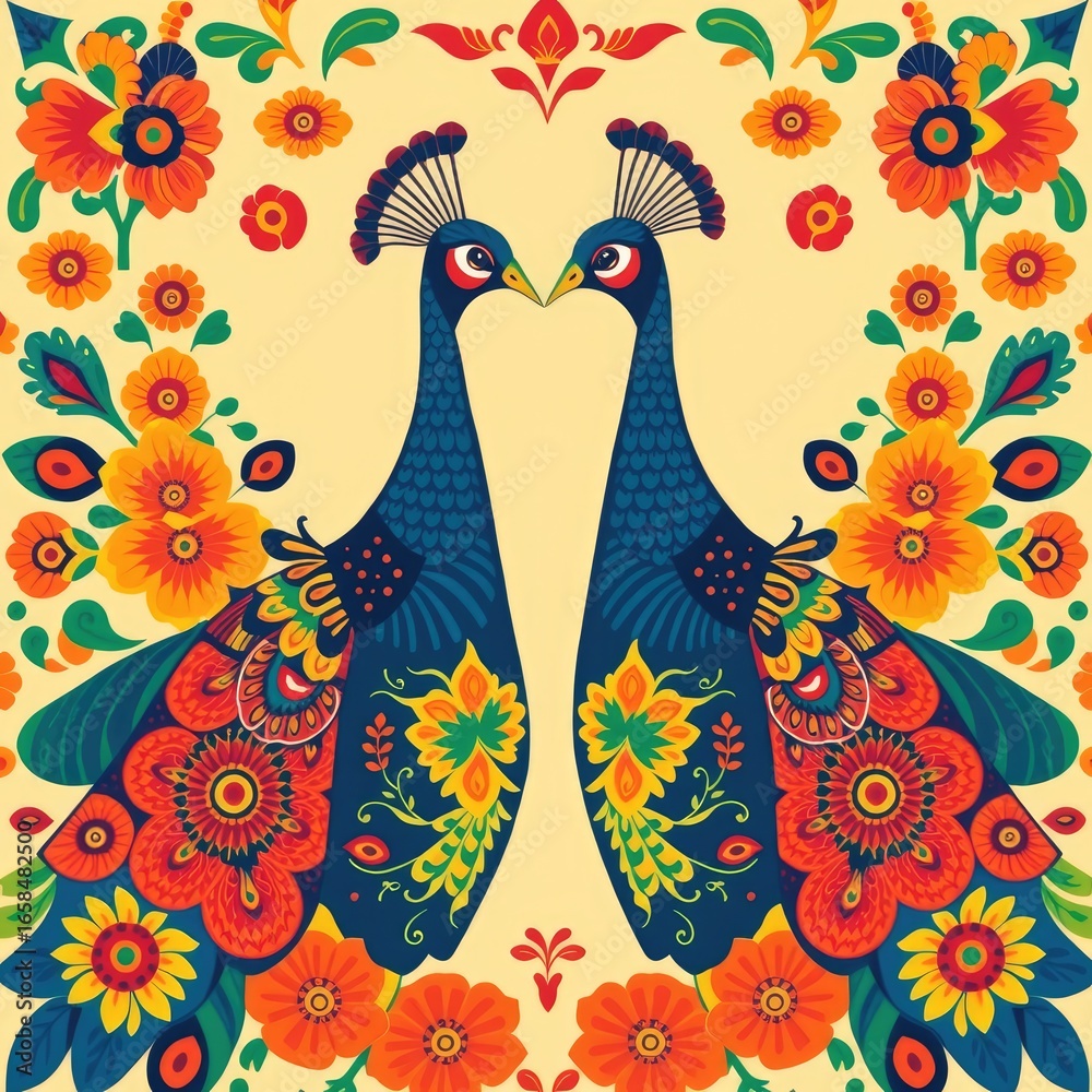 Fototapeta premium Peacock with feathers, Peacock pattern, peacock folk arts, peacock ornament pattern