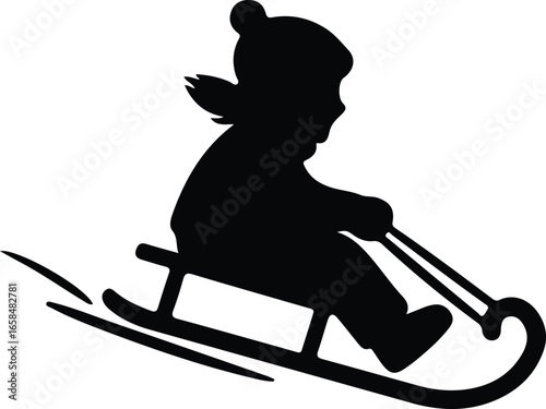 Vector Silhouette of a Child Sledding in Winter Season Illustrator