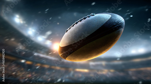 Close-up of a rugby ball flying through a packed stadium under dramatic night lights.