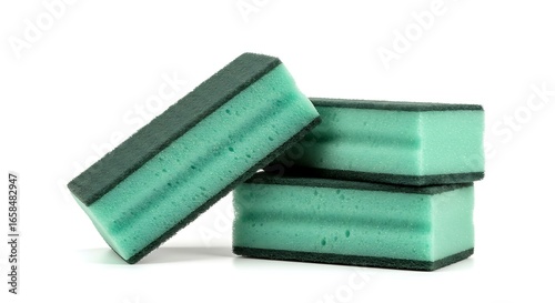 Stacked Green Cleaning Sponges on White Background