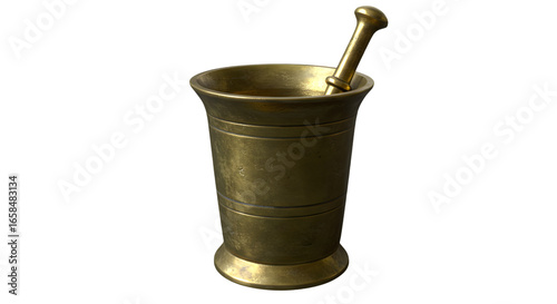 Brass mortar and pestle on white background  