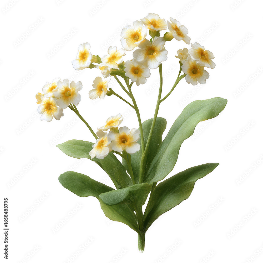 Obraz premium A vibrant cluster of delicate white flowers with yellow centers, surrounded by lush green leaves. A perfect addition for nature-themed designs on a white isolated background.