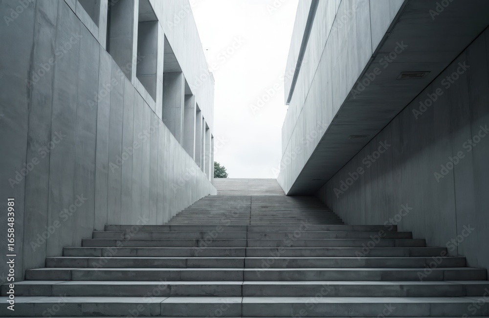 Fototapeta premium Wide concrete staircase ascends between two modern buildings with geometric facades. Symmetrical design creates striking perspective leading upwards towards distant tree under overcast sky.