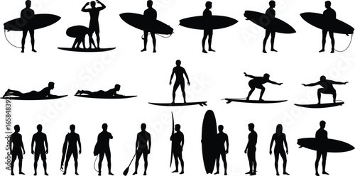 PrintSilhouettes of surfers in various poses with surfboards and paddles showing surfing techniques, beach activity, water sport vector illustration set