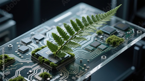 Eco-Tech Circuit Board, Fern & Electronic Component Fusion, Sustainable Tech Concept