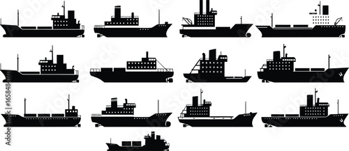 Silhouette vector collection of cargo ships, container vessels, and freight ships used in shipping, logistics, transport, import and export industry