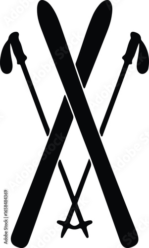 Vector Skiing equipment of skis and poles cross silhouette Illustrator