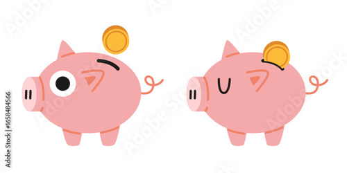 Two cute piggy banks with coins, symbolizing saving money and fun approach to finance. Trendy modern vector illustration isolated on white background, hand drawn, flat design