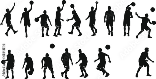 Silhouette vector of basketball players in motion, dribbling, shooting, dunking, passing, sports action poses, team training, athletic game scene