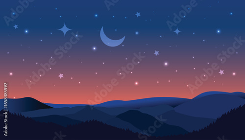 Beautiful night landscape illustration featuring mountains, a crescent moon, shining stars, and a twilight sky.