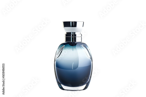 Elegant blue perfume bottle with silver cap, luxury fragrance