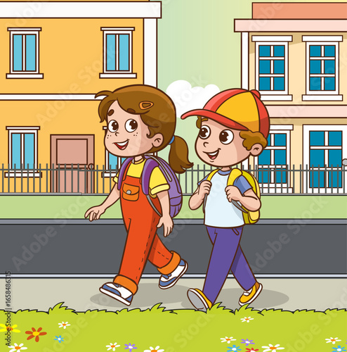 Happy and diverse school children with backpacks, excited kids ready to go to school, cheerful children returning home from school, illustration of primary school students