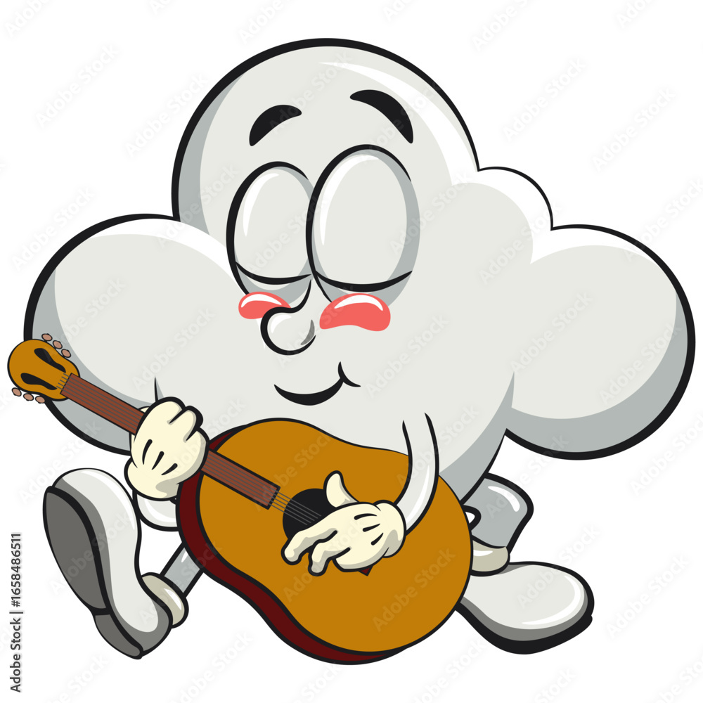 Obraz premium cute cloud cartoon mascot character vector illustration playing guitar, work of hand drawn