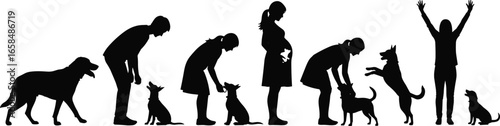 PrintSilhouettes showing life stages and evolving relationship between person and dog including pregnancy, parenting, pet interaction, emotional bonding vector illustration set