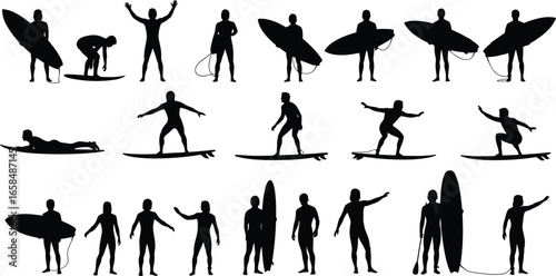 PrintSurfer silhouettes in various poses with surfboards showing wave riding, preparation, stance, and beach sport activity vector illustration for surfing design
