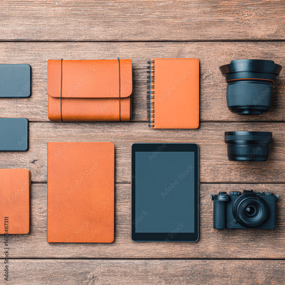 Fototapeta premium A stylish arrangement of brown leather accessories, including notebooks, a tablet, and camera equipment, set on a wooden surface for a modern aesthetic.