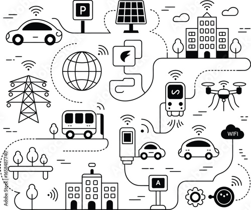 Smart city technology network connecting transportation energy and buildings