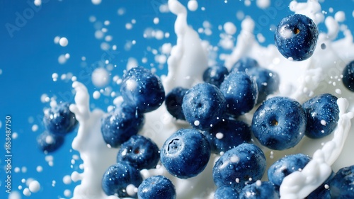 Ripe blueberries covered with water droplets make a splash as they fall into a pool of milk, creating a refreshing and dynamic scene