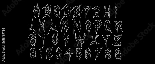Alphabet font in a metal style with grunge, Gothic, and Punk Rock touch. A unique metal tattoo font concept with Neo Tribal vibes, perfect for Y2K vector print design.
