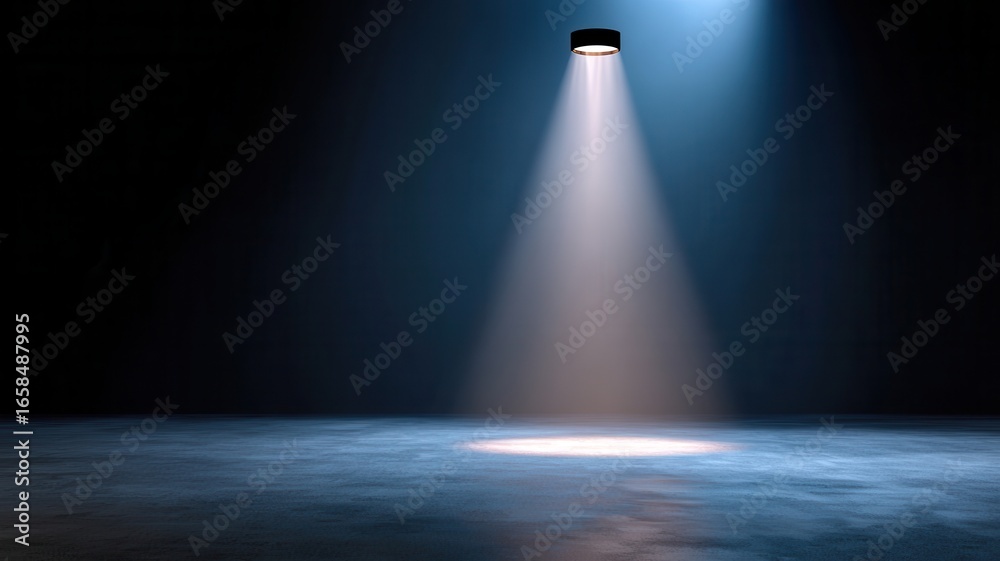 Obraz premium Spotlight casting soft glow on empty stage, revealing shadowy circular pool darkness of amid surrounding light