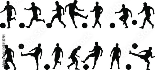 Silhouette vector of soccer players kicking, passing, dribbling ball, football motion scene, sport training action, athletic game illustration