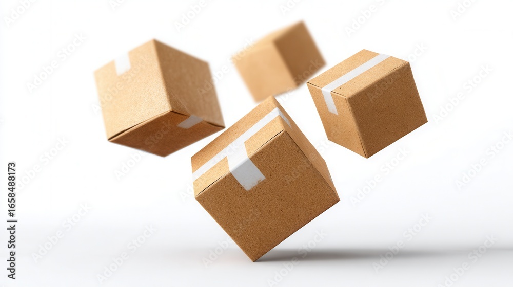 Fototapeta premium Four closed cardboard boxes taped shut are floating against a white background, creating a dynamic image and delivery shipping