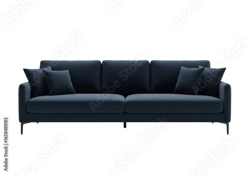 Modern dark blue velvet sofa with pillows isolated on transparent background