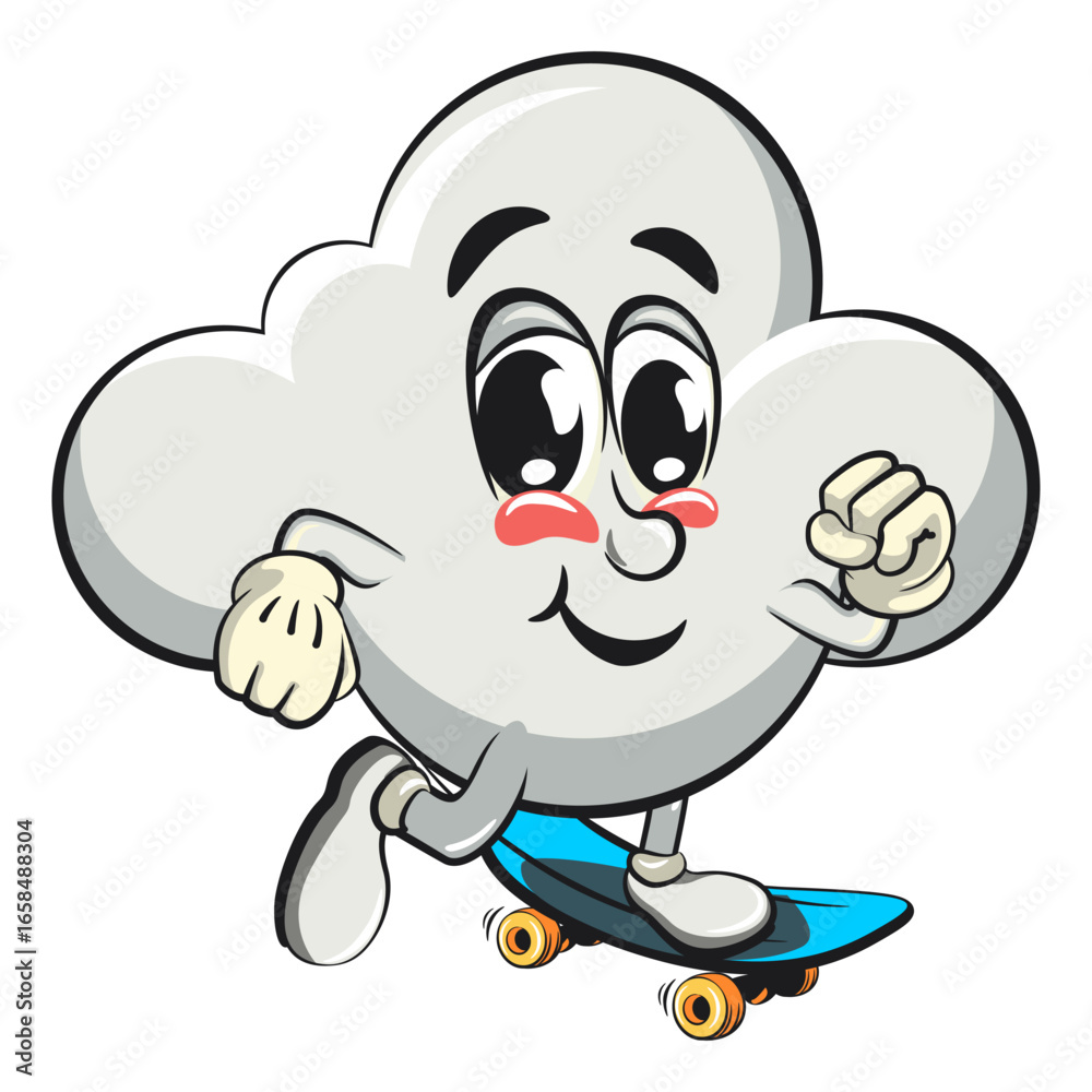 Obraz premium cute cloud cartoon mascot character vector illustration playing skateboard, work of hand drawn