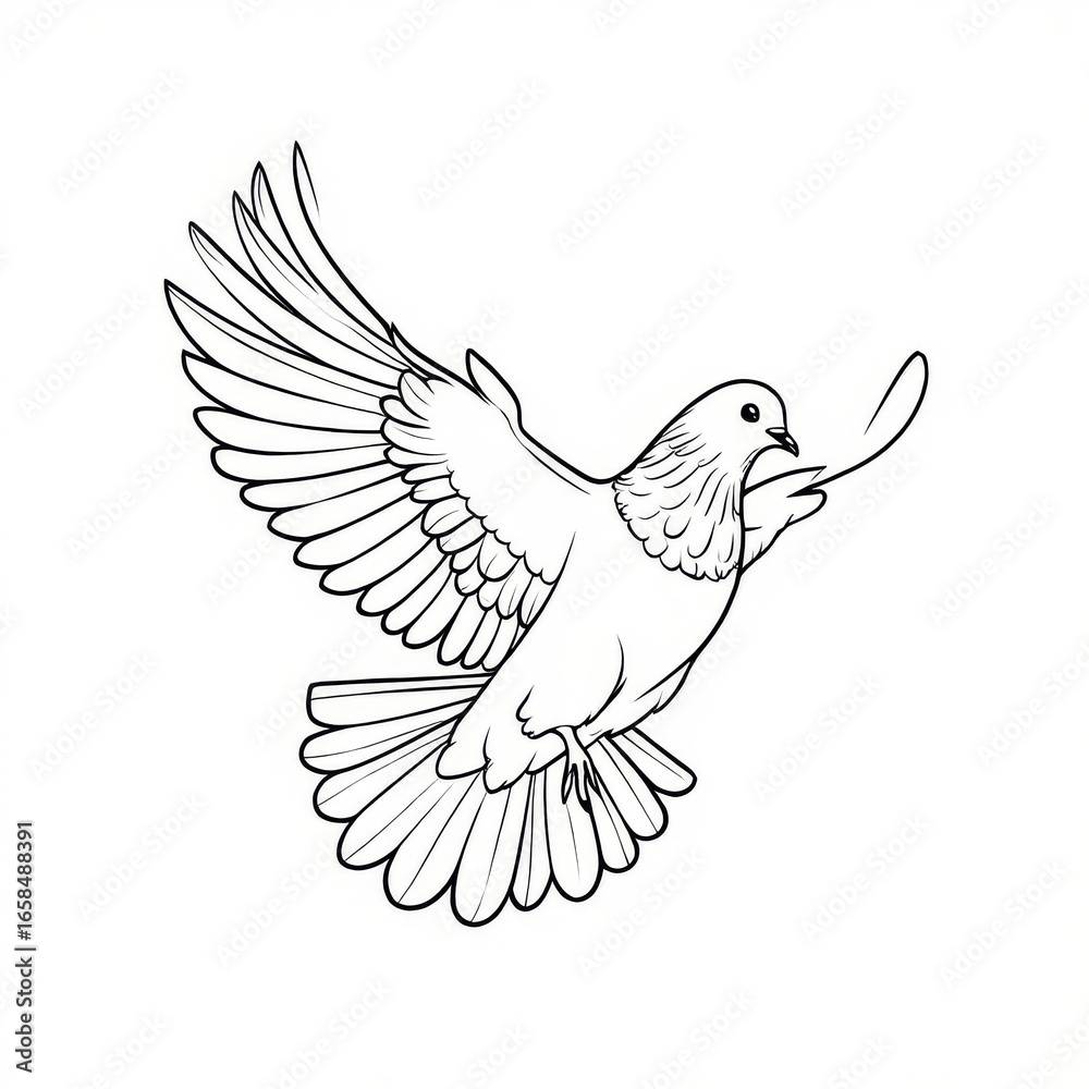 Fototapeta premium Elegant Line Art Drawing of a Dove in Flight Carrying a Sprig of Leaves