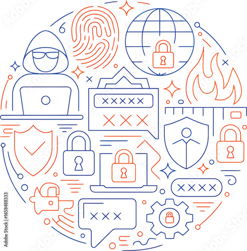 Cybersecurity concept with hacker locks passwords and global network symbols